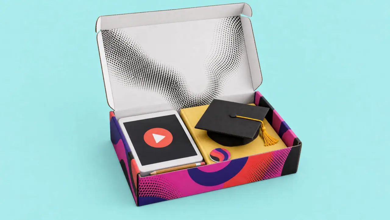 Kotak bermotif Kodavora terbuka, berisi tablet dengan tombol putar, buku catatan, dan topi wisuda